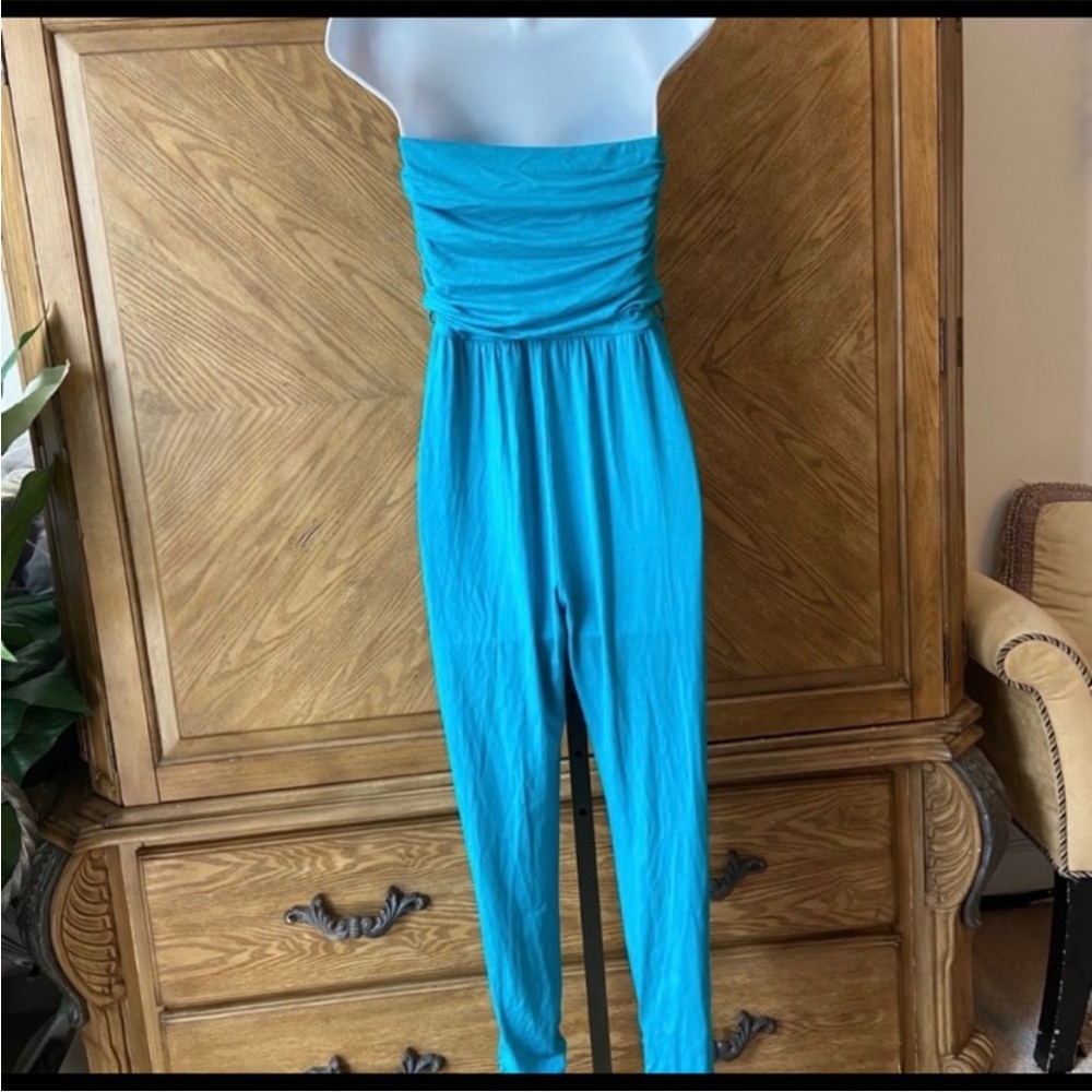 Strapless Turquoise Jumpsuit - Picture 2 of 3